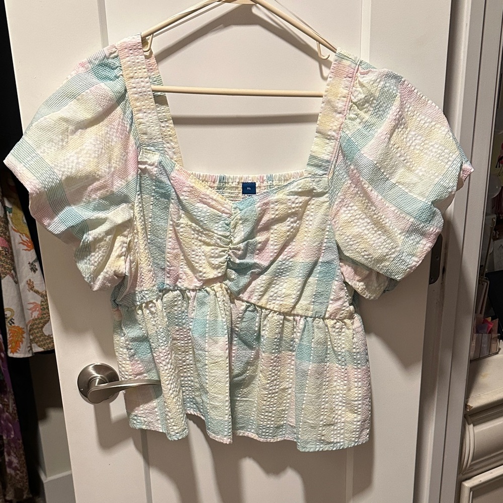Old Navy Pastel Plaid Puff Sleeve Peplum Top